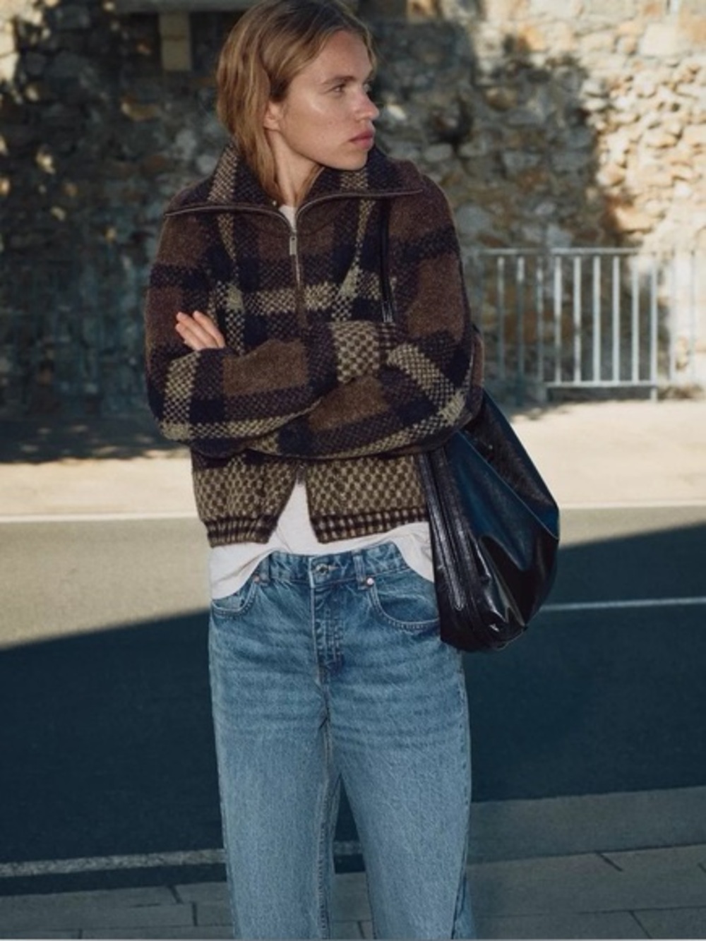 Zara brown and black plaid zip-up jacket in size M